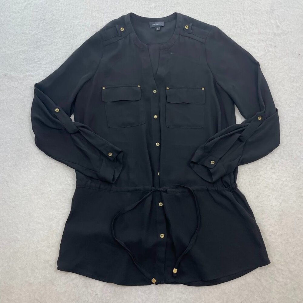 The Limited Women's Roll Tab Sheer Tunic Tie Waist Solid Black Blouse Size Small